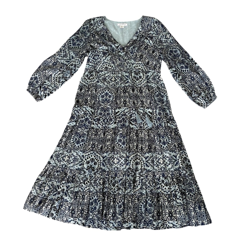 Lucky Brand Womens Medallion Tiered V-Neck Midi Dress M Blue Boho Coastal
